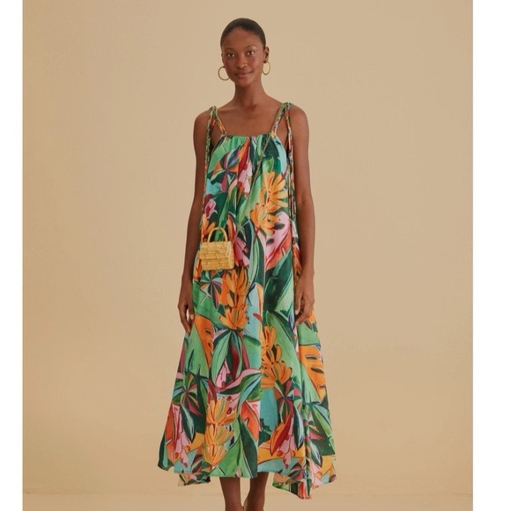 FARM Rio Green Tropical Floral Maxi Dress with Yellow & Pink Accents